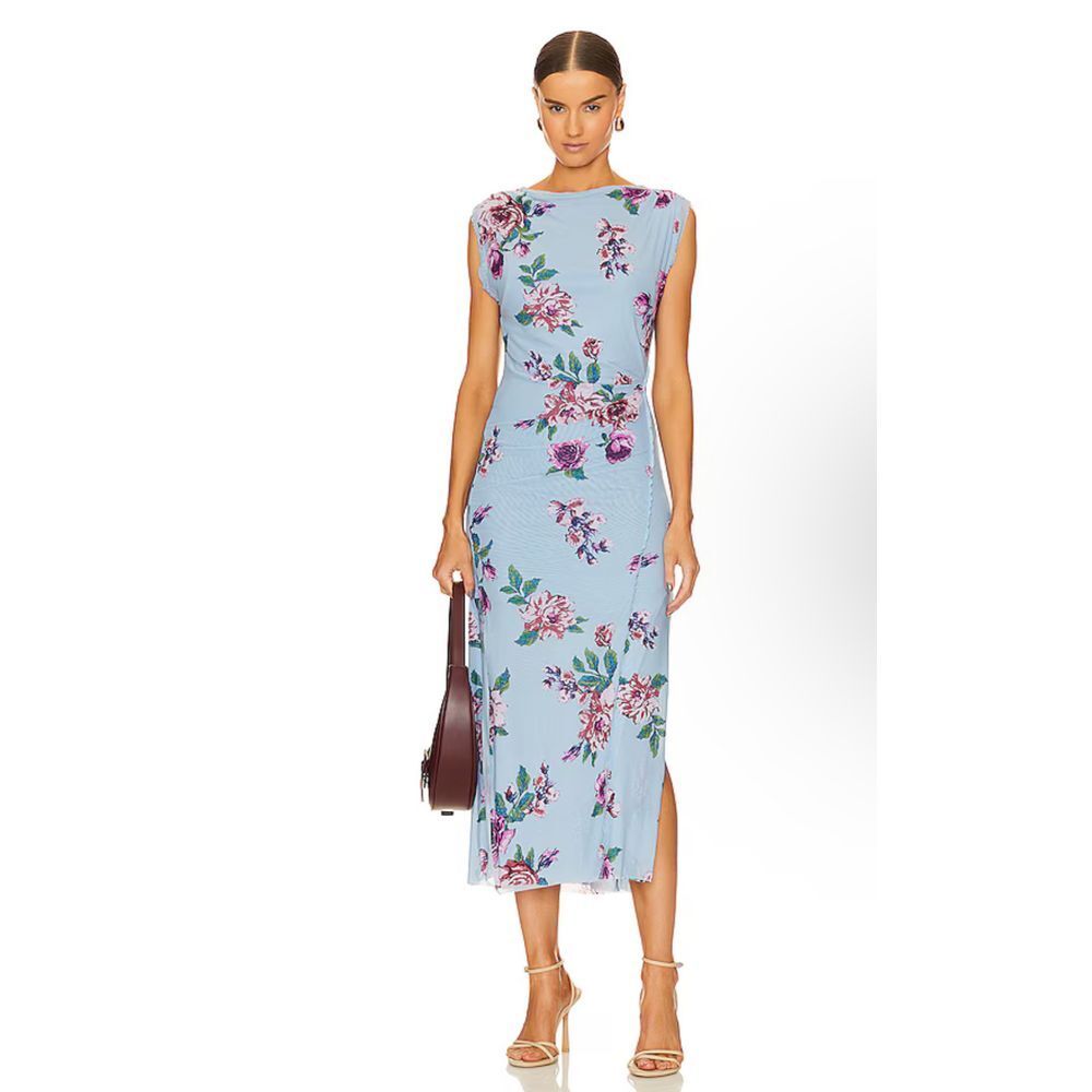 Free People Carmel Floral Midi Dress in Blue Combo Boatneck Size S